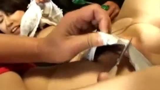 Girl getting her arm legs tied with rope tits rubbed pussy fucked with toys by 3 guys on the couch